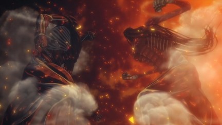 The final battle against Eren Jaeger featuring Armin Arlert as the Colossal Titan and Eren Jaeger as the Attack Titan in The Rumbling, Attack on Titan Season 4, Part 3