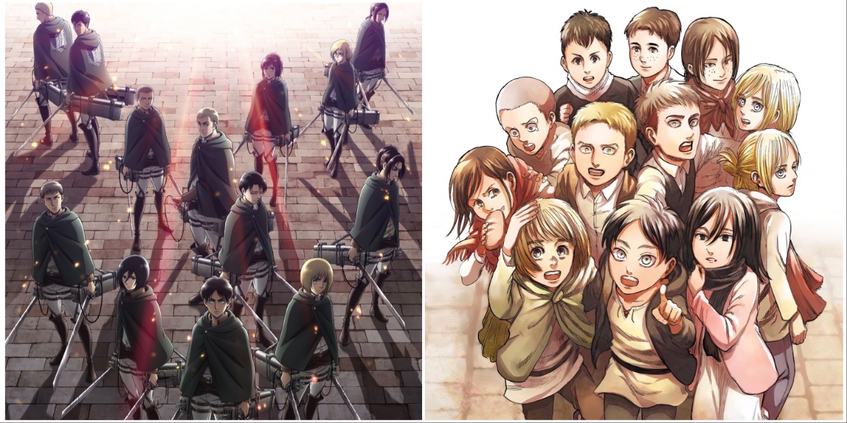 Attack on Titan complete cast on the left featuring Eren, Mikasa, Armin, Levi, Hange, Erwin and others. Attack on Titan cast as kids on the right.