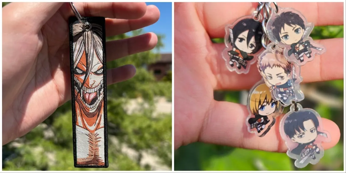 Attack Titan Eren keychain on the left, and chibi Attack on Titan character keychain on the right by Geekstation