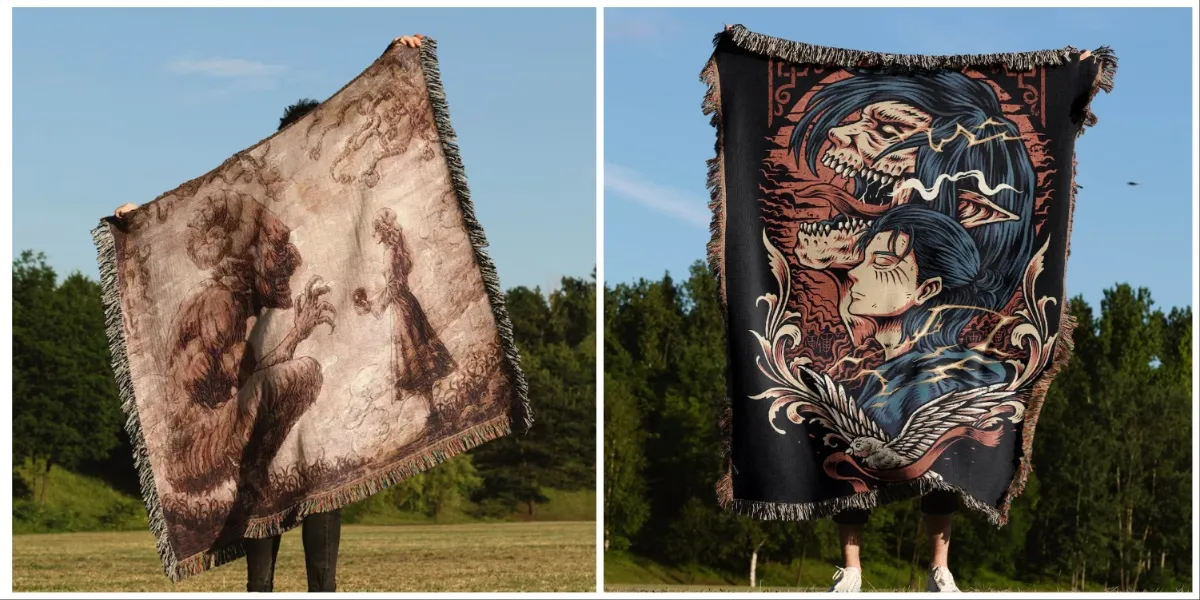Attack on Titan Handmade Tapestry Blankets featuring Ymir Fritz on the left and Eren Jaeger on the right.
