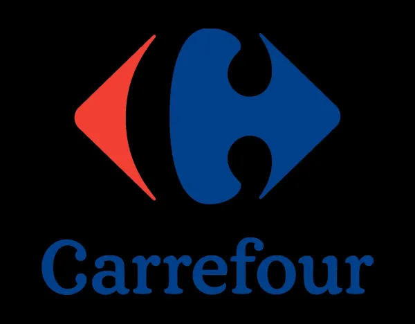 A blue and red on black version of the Carrefour logo