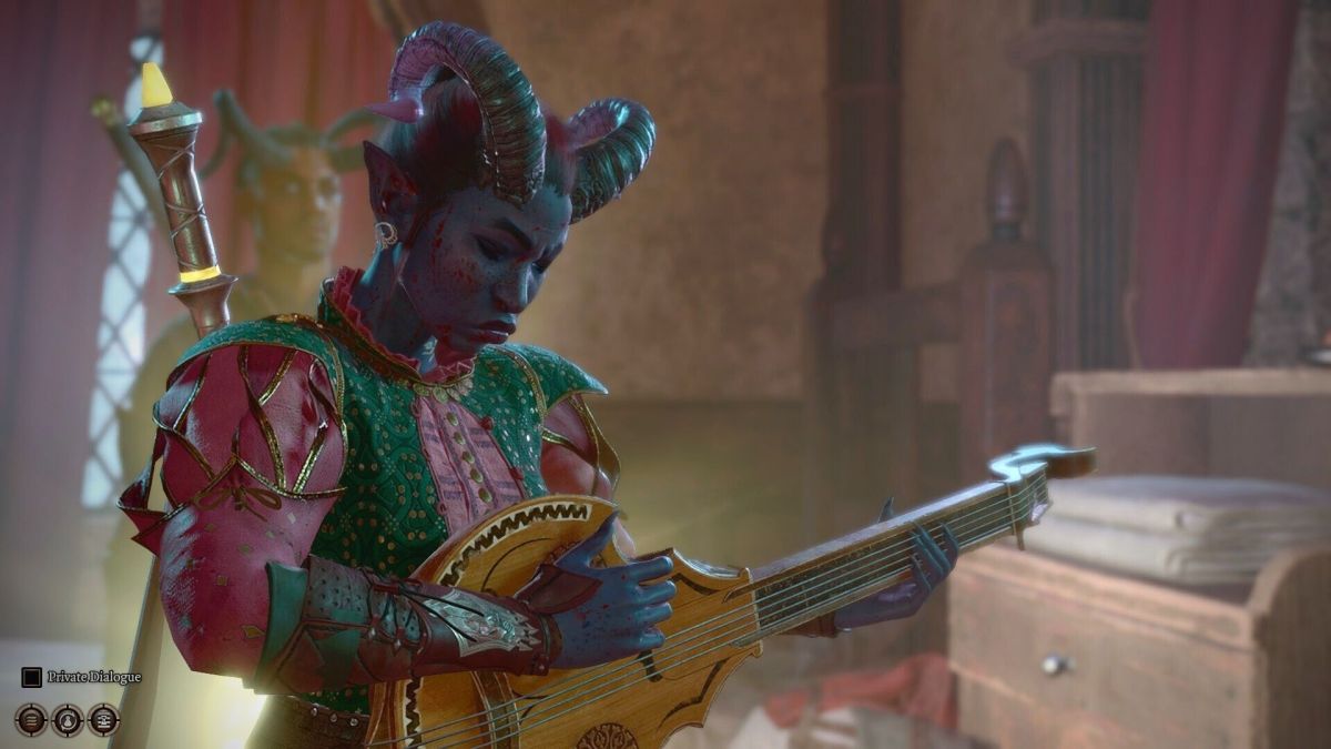 Ellesméra playing the Battered Lute to wake up Art Cullagh in the Last Light Inn.