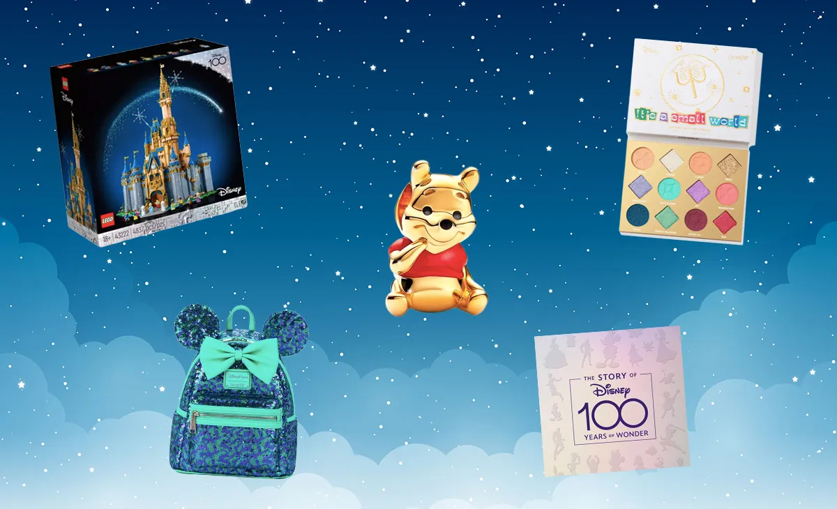 An assortment of Disney-themed gifts on a starry night sky background