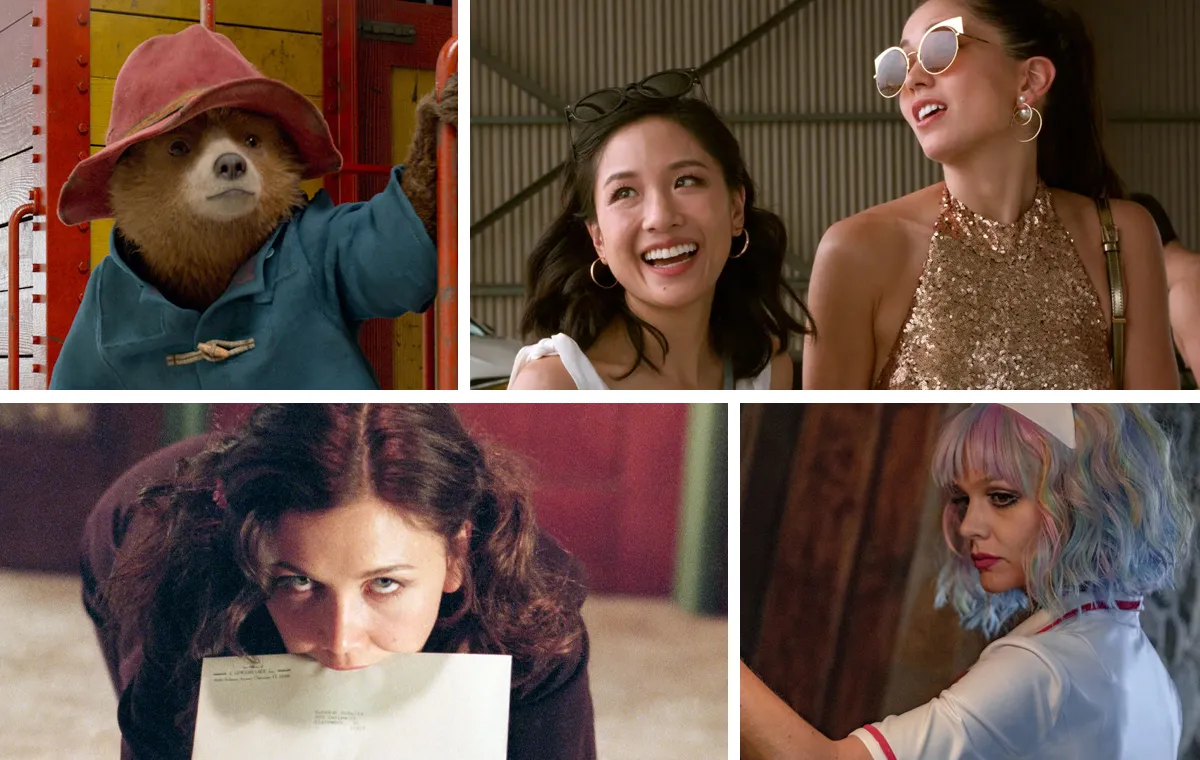 A collage featuring some of the best movies streaming for free on Amazon Prime Video (clockwise from top left): 'Paddington 2,' 'Crazy Rich Asians,' 'Promising Young Woman,' and 'Secretary'