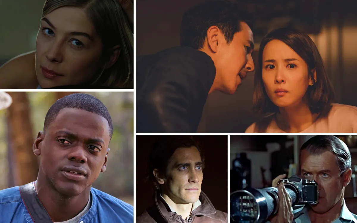 A collage featuring some of the best psychological thrillers (clockwise from top left): 'Gone Girl,' 'Parasite,' 'Rear Window,' 'Nightcrawler,' and 'Get Out'