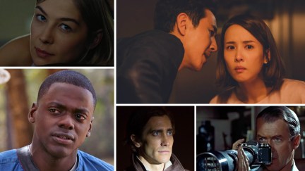 A collage featuring some of the best psychological thrillers (clockwise from top left): 'Gone Girl,' 'Parasite,' 'Rear Window,' 'Nightcrawler,' and 'Get Out'