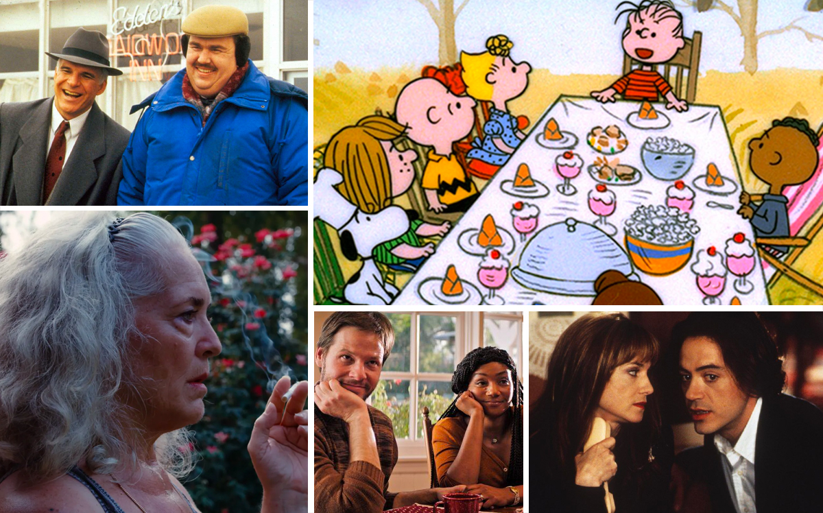 A collage featuring some of the best Thanksgiving movies (clockwise from top left): 'Planes, Trains, and Automobiles,' 'A Charlie Brown Thanksgiving,' 'Home for the Holidays,' 'The Oath,' and 'Krisha'