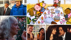 A collage featuring some of the best Thanksgiving movies (clockwise from top left): 'Planes, Trains, and Automobiles,' 'A Charlie Brown Thanksgiving,' 'Home for the Holidays,' 'The Oath,' and 'Krisha'