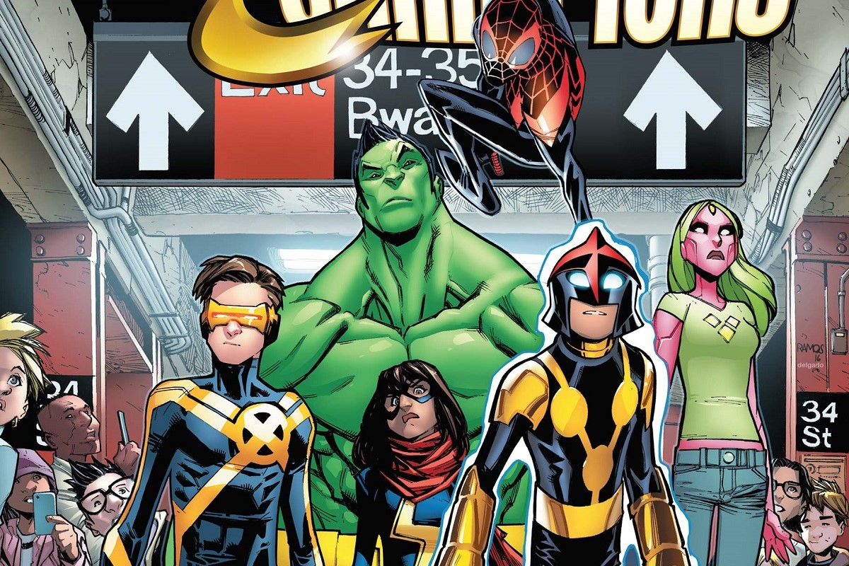 Cropped image from the cover of the Marvel comic 'Champions' Issue 1. The illustration depicts young Cyclops, Brawn, Ms. Marvel, Nova, and Viv Vision walking together down the platform at the 34th Street subway station in New York City. 