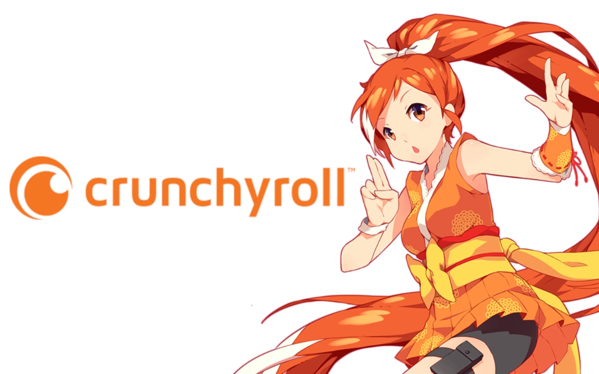 Crunchyroll Logo with anime girl, dressed in all orange to match the Crunchyroll logo