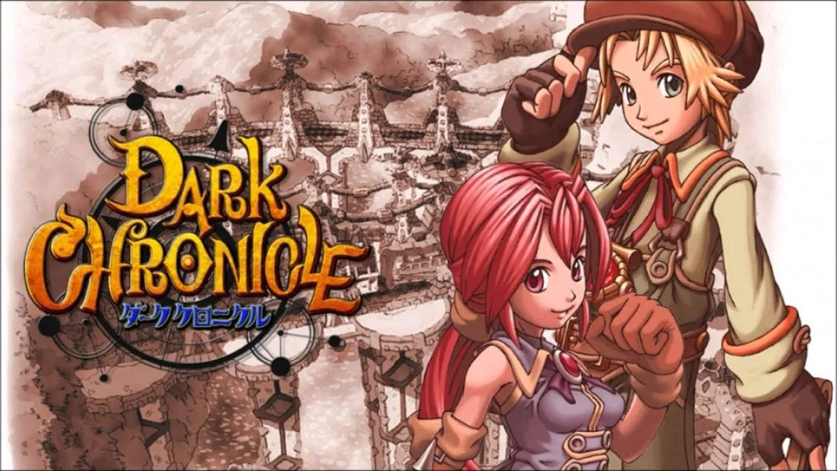 Two young adventurers smile in cover art for "Dark Chronicle" aka Dark Cloud 2 