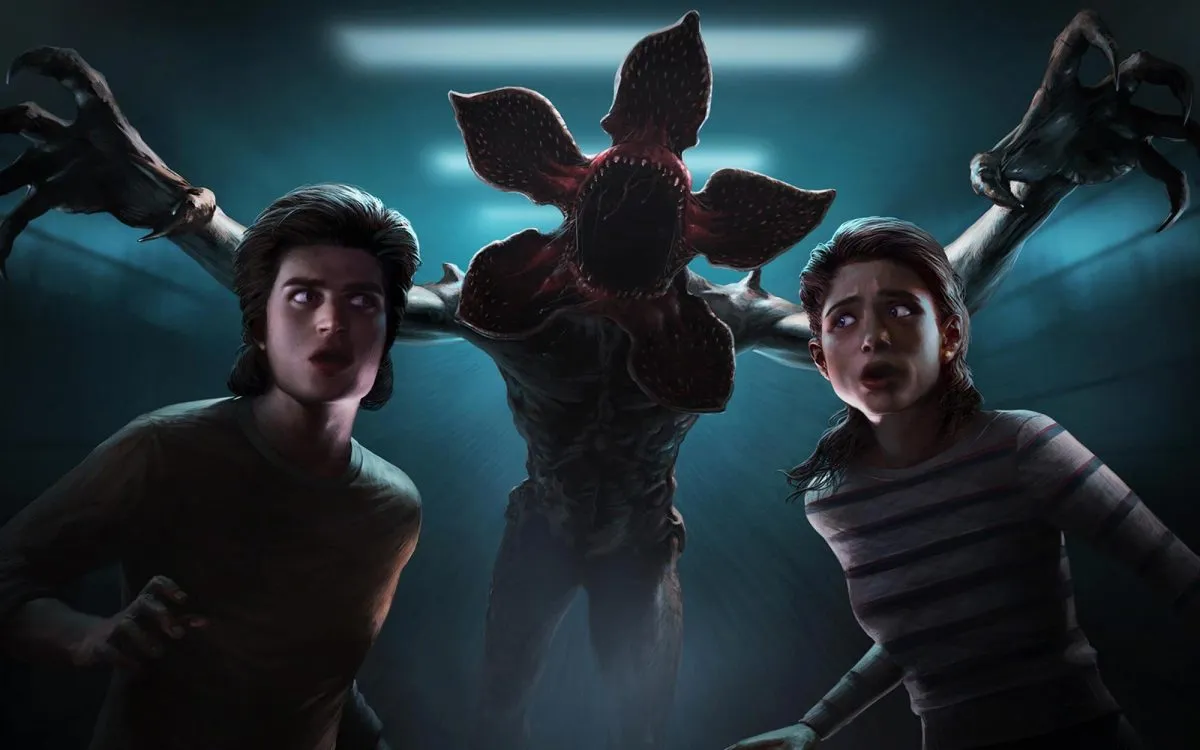 Steve Harrington, Nancy Wheeler, and the Demogorgon as they appear in the Stranger Things DLC for Dead by Daylight
