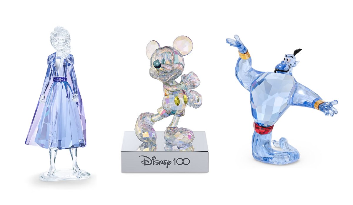 Elsa, Mickey Mouse and Genie crystal figures