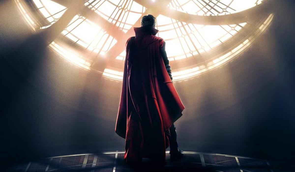 A poster for Marvel's Doctor Strange. Stephen Strange has his back turned and is looking out of the window of the Sanctum Sanctorum. 