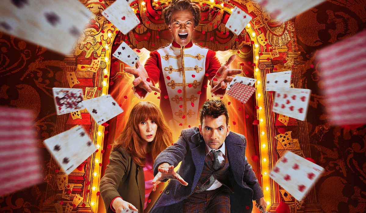 Promotional image for Doctor' Who's third 60th Anniversary special, "The Giggle," featuring David Tennant as 14, Catherine Tate as Donna Noble, and Neil Patrick Harris
