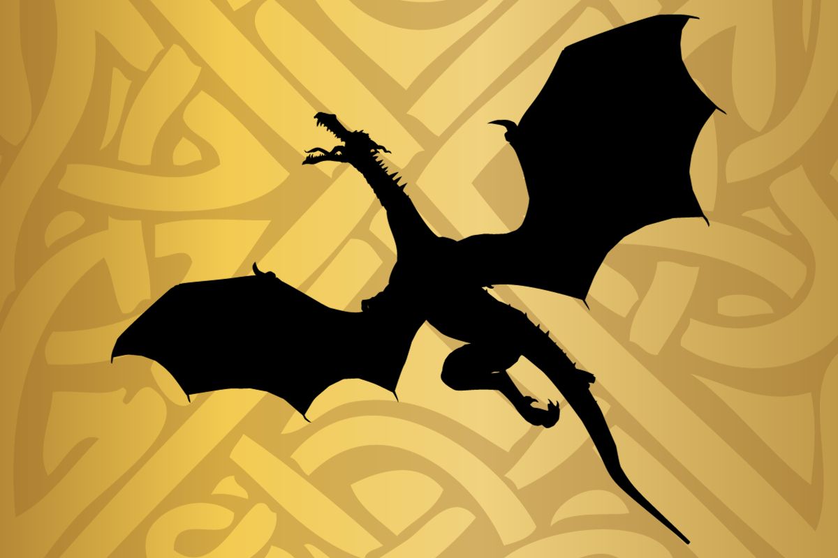 Black dragon flying in front of a gold back ground with a Celtic-ish knot.