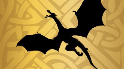 Dragon silohuette against gold illustrated background.