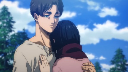 Eren and Mikasa hugging one last time in The Paths from Attack on Titan, Season 4 Part 3