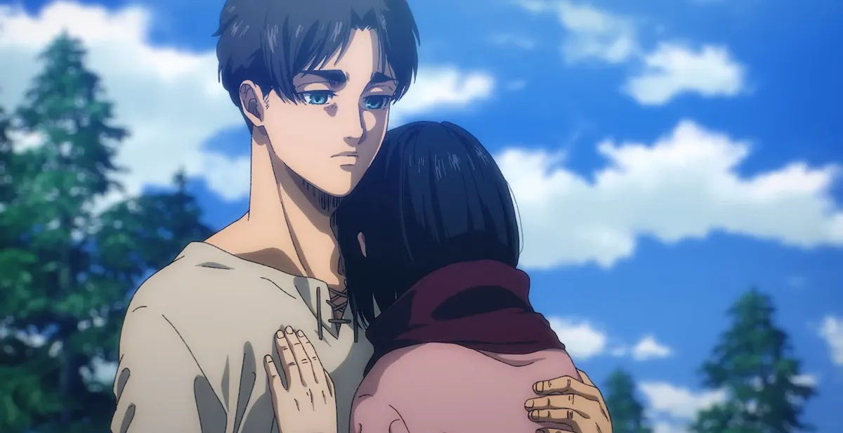 Eren and Mikasa hugging one last time in The Paths from Attack on Titan, Season 4 Part 3
