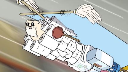 God Cat riding his contraption made of paper towels and mops from Exploding Kittens the series.