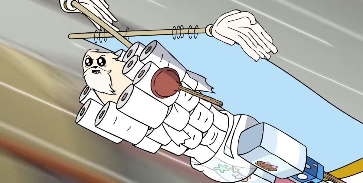 God Cat riding his contraption made of paper towels and mops from Exploding Kittens the series.