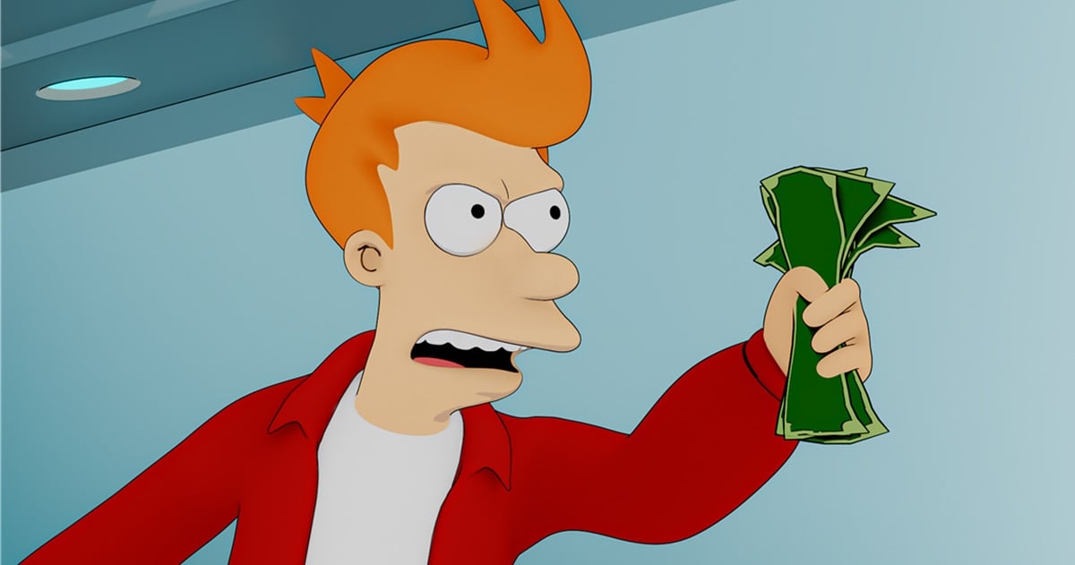 Fry from Futurama holding up a wad of cash in the "shut up and take my money" meme