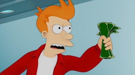 Fry from Futurama holding up a wad of cash in the 