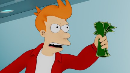 Fry from Futurama holding up a wad of cash in the 