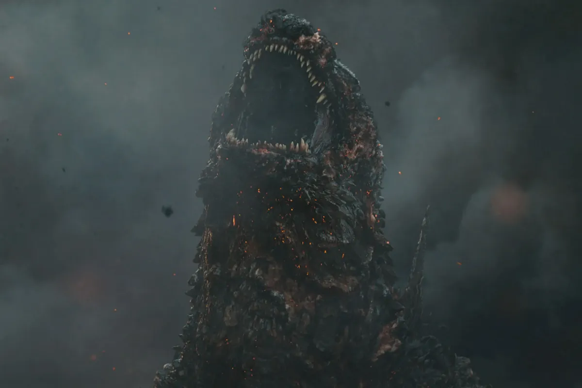 Godzilla screaming while suffering from burns in Godzilla Minus One