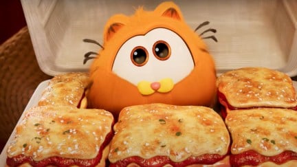 Baby Garfield in a box of lasagna in 'The Garfield Movie'