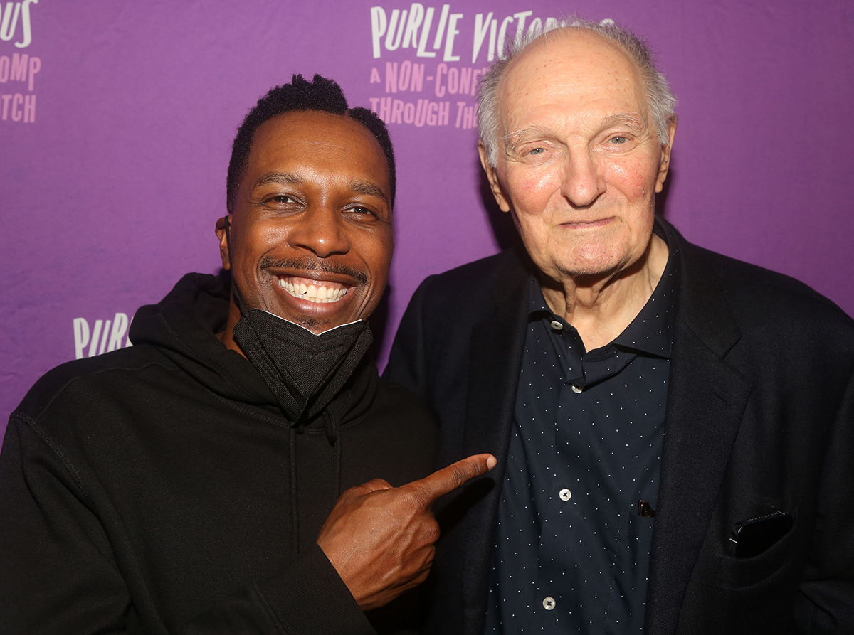 NEW YORK, NEW YORK - OCTOBER 3: Leslie Odom Jr. and Alan Alda pose backstage at the play "Purlie Victorious" on Broadway at The Music Box Theater on October 3, 2023 in New York City. Alan Alda played "Charley Cotchipee" in the Original 1961 Broadway production. (Photo by Bruce Glikas/WireImage)