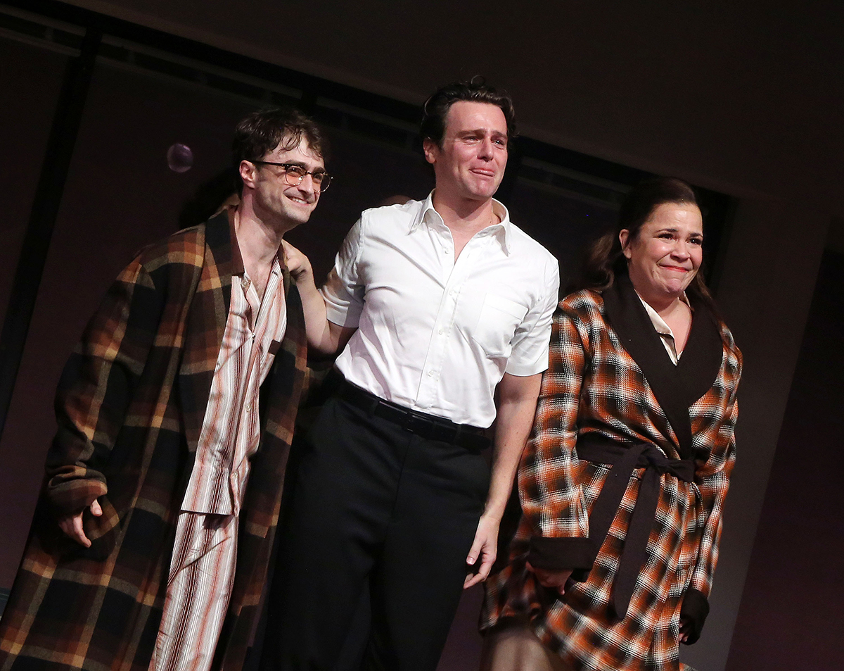 NEW YORK, NEW YORK - OCTOBER 8: (L-R) Daniel Radcliffe, Jonathan Groff and Lindsay Mendez during the opening night curtain call for "Stephen Sondheim's Merrily We Roll Along" on Broadway at The Hudson Theater on October 8, 2023 in New York City. (Photo by Bruce Glikas/WireImage)
