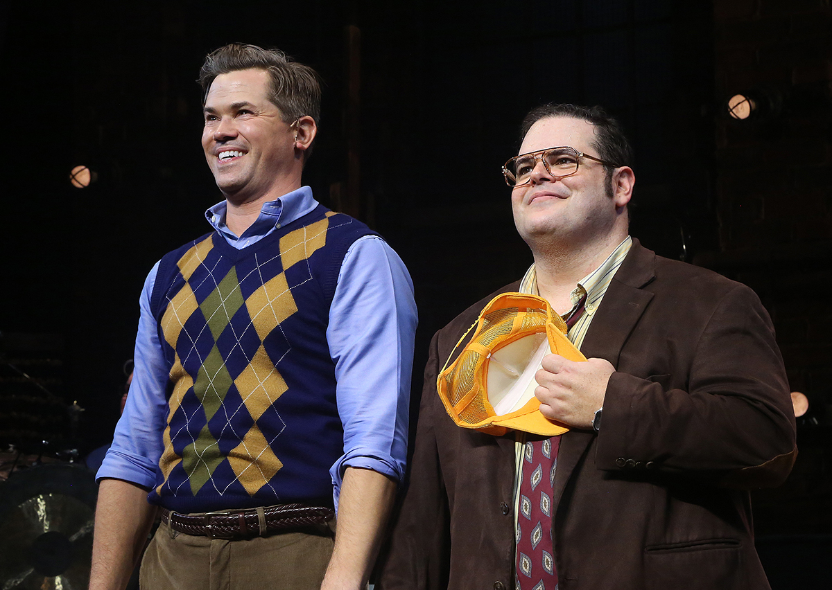 NEW YORK, NEW YORK - OCTOBER 12: Andrew Rannells and Josh Gad during the opening night curtain call for the musical "Gutenberg: The Musical" on Broadway at The James Earl Jones Theater on October 12, 2023 in New York City. (Photo by Bruce Glikas/Getty Images)