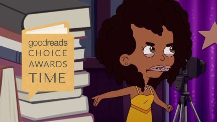 Missy from Big Mouth pointing frustratingly to stack of desaturation books with the words 