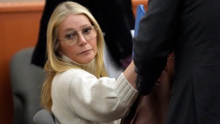 Gwyneth Paltrow wears a thick knit sweater during her skiing injury trial.