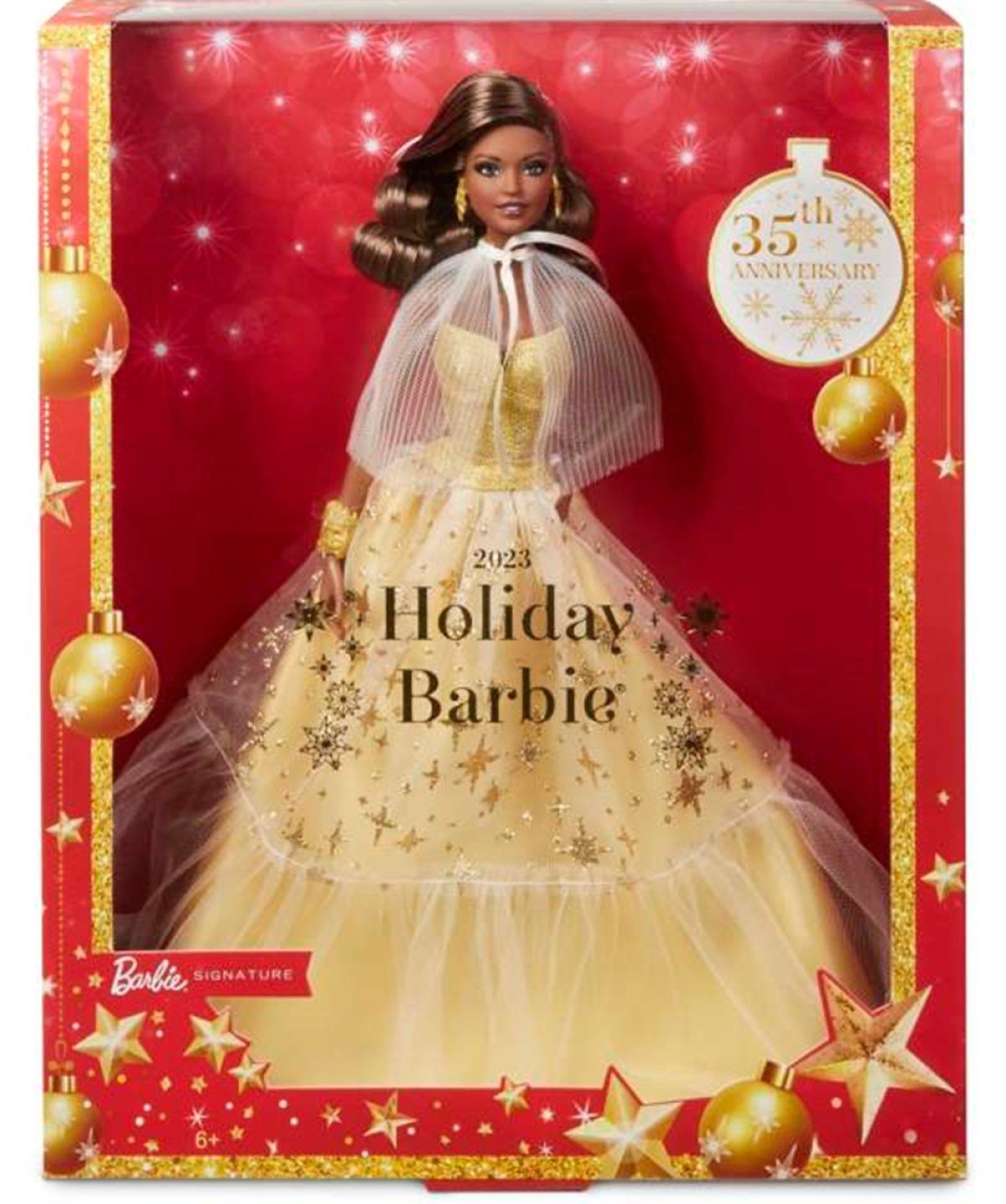 African American Barbie doll in a sparkly holiday gown