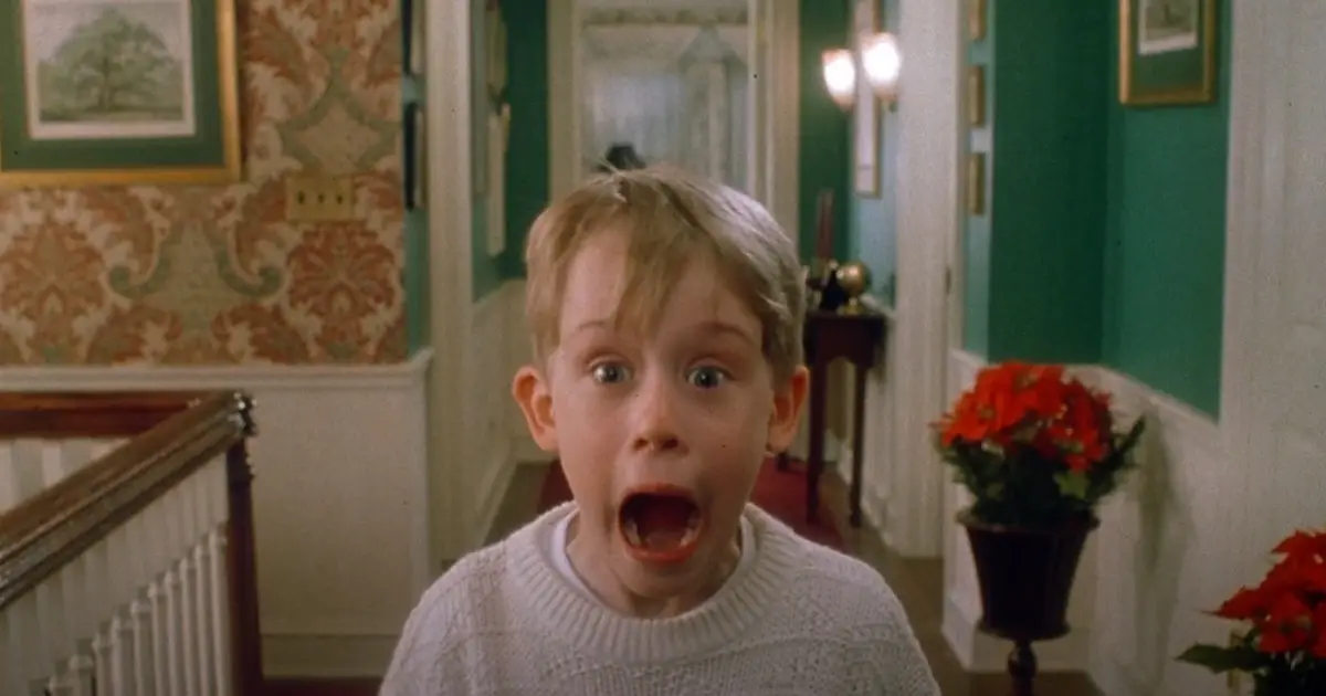 Macaulay Culkin with mouth open as Kevin in Home Alone