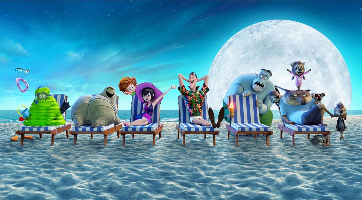 The monsters lounging on a beach at night in Hotel Transylvania 3