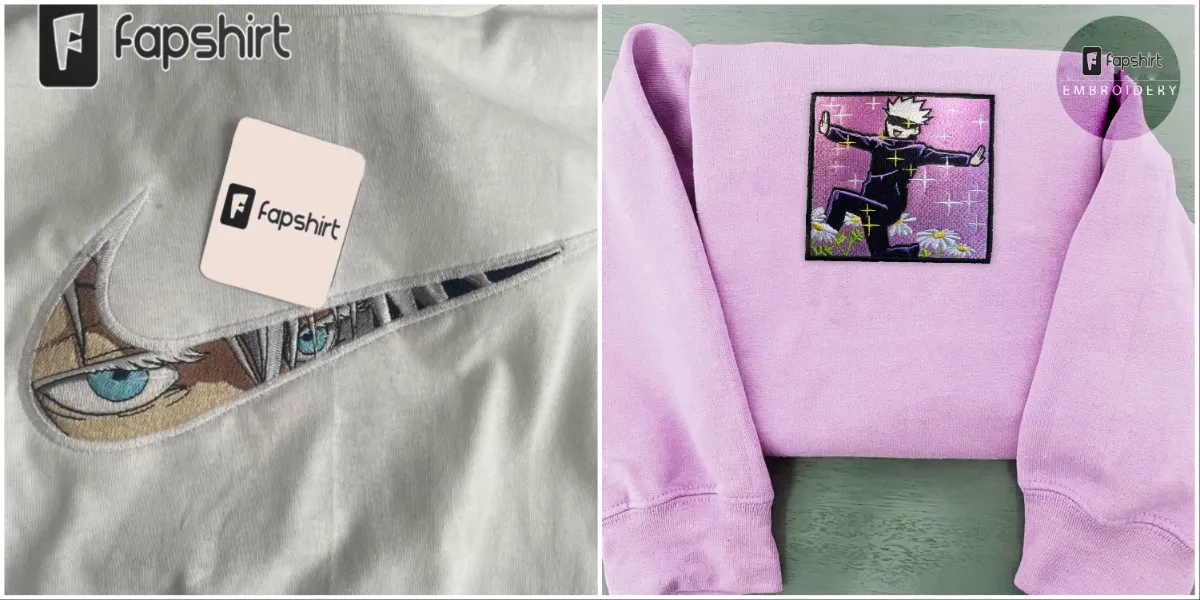 Gojo's eyes inside a Nike logo and carefree Gojo meme embroidered on a pink hoodie.