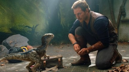 Chris Pratt and a baby dinosaur in Jurassic World: Fallen Kingdom