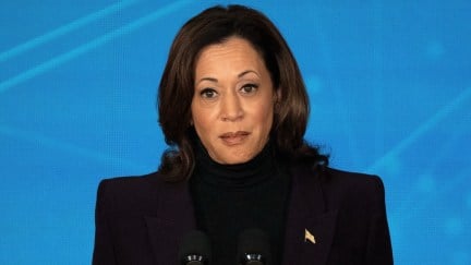 Kamala Harris stands in front of a blue background, with a slightly irritated expression.