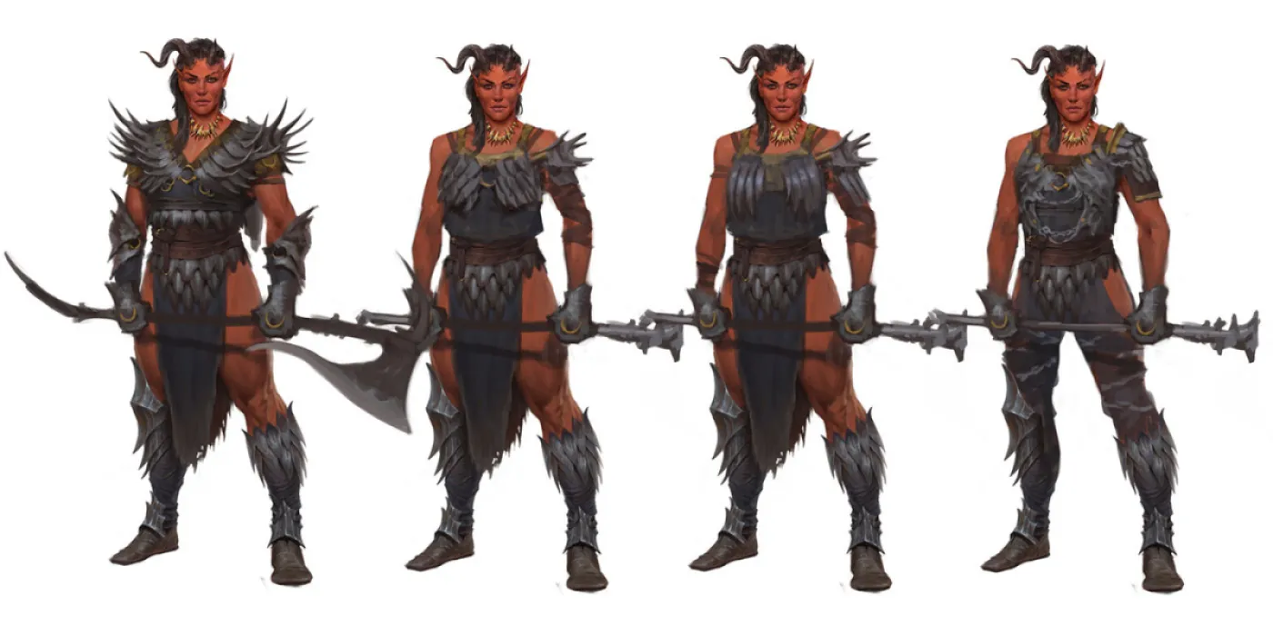 Different  armors from early Karlach Concept art in Baldur's Gate 3. 