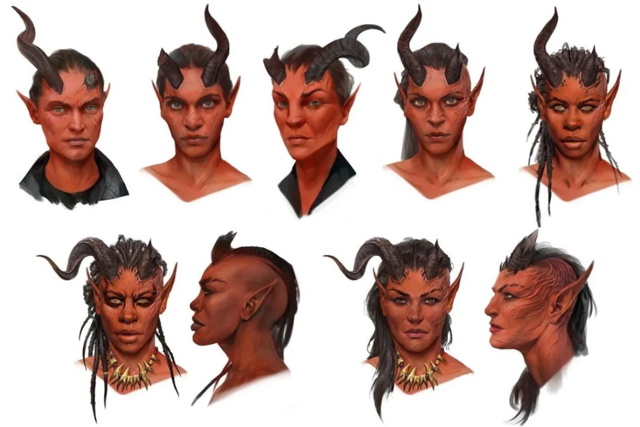 Different heads drawn for early Karlach Concept art in Baldur's Gate 3.