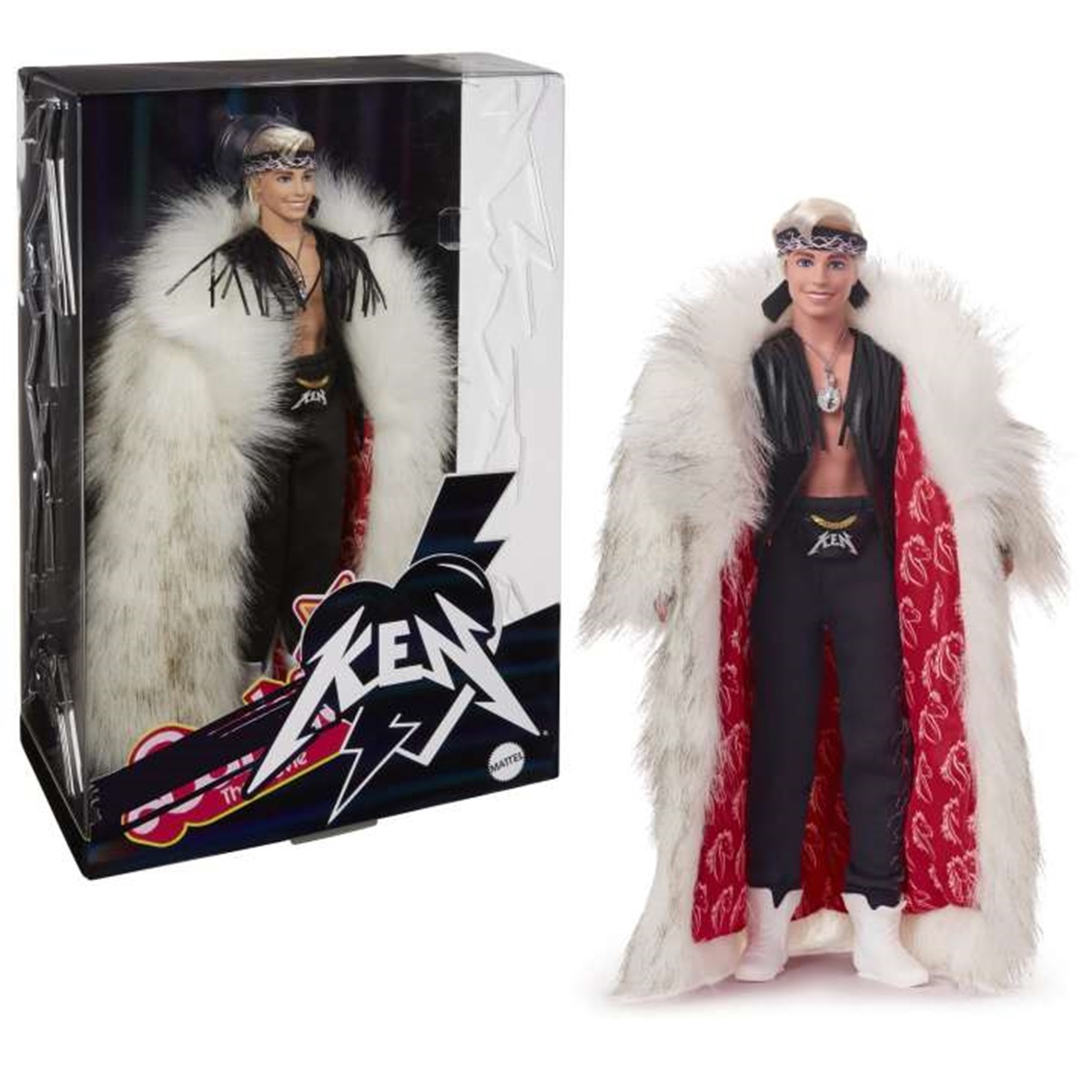 Ken doll wearing headband and fur coat