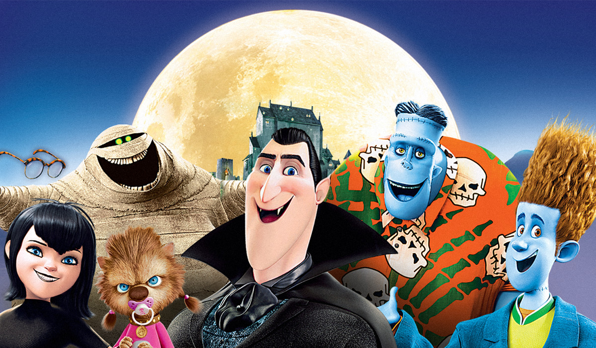 Key art for Hotel Transylvania (2012) featuring Dracula, his daughter Mavis, Johnny, and the other monsters at the hotel