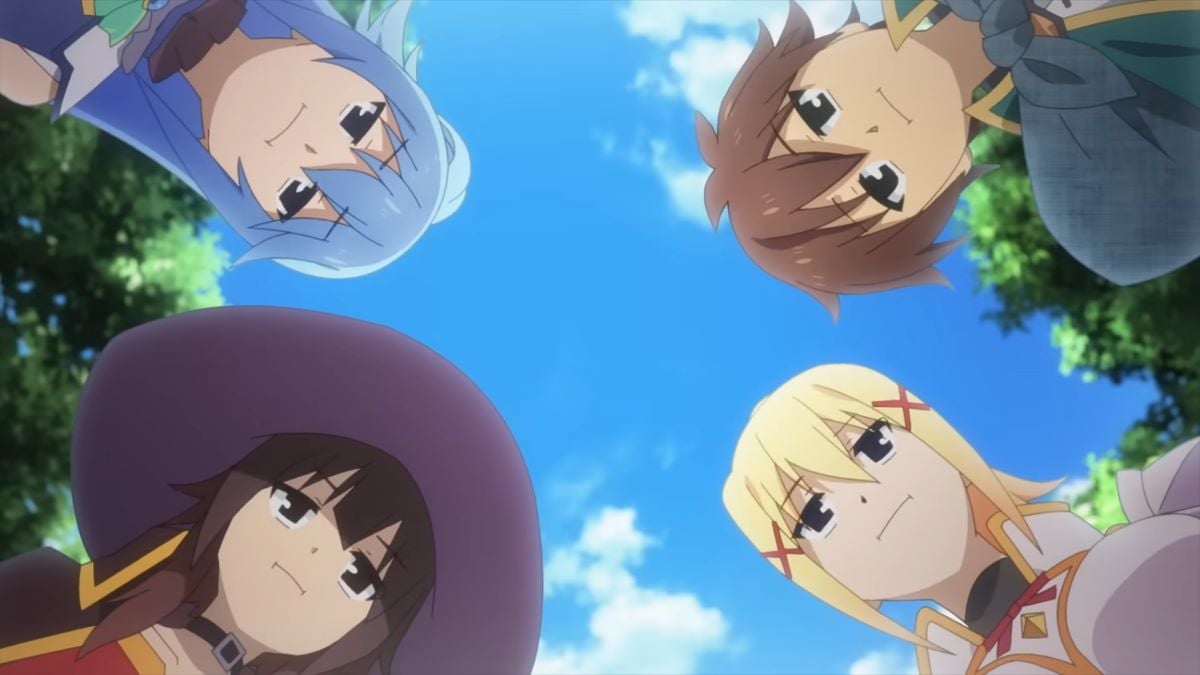 Aqua, Megumin, Kazuma, and Darkness staring at each other in Konosuba Season 3 trailer.