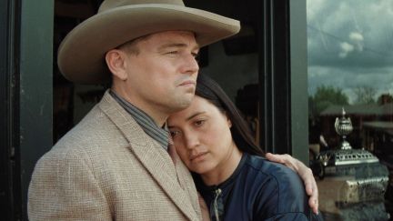 Ernest Burkhart (Leonardo DiCaprio) comforts Mollie Burkhart (Lily Gladstone) in 'Killers of the Flower Moon'