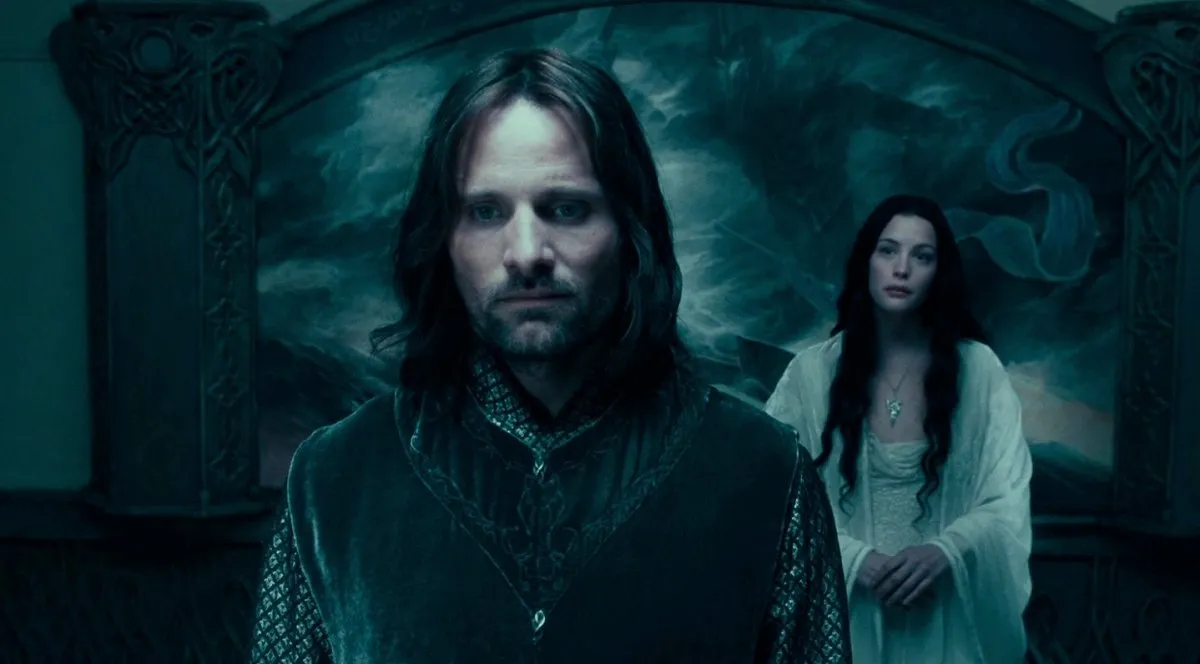 Aragorn (Viggo Mortensen) and Arwen (Liv Tyler) in The Lord of the Rings: The Fellowship of the Ring (New Line Cinema)