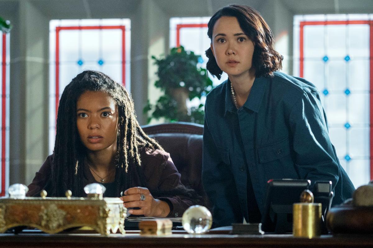 Marie (Jaz Sinclair) and Jordan (London Thor) look for something in a desk in 'Gen V.'