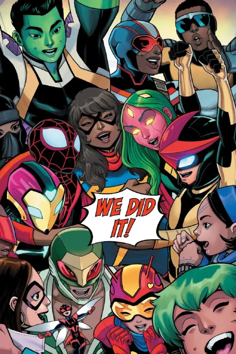 A full-page image from an issue of the Marvel comic 'Champions.' The illustration depicts 14 members of the Champions team crowded together cheering. In the center of the page is a starburst speech bubble exclaiming "WE DID IT!"